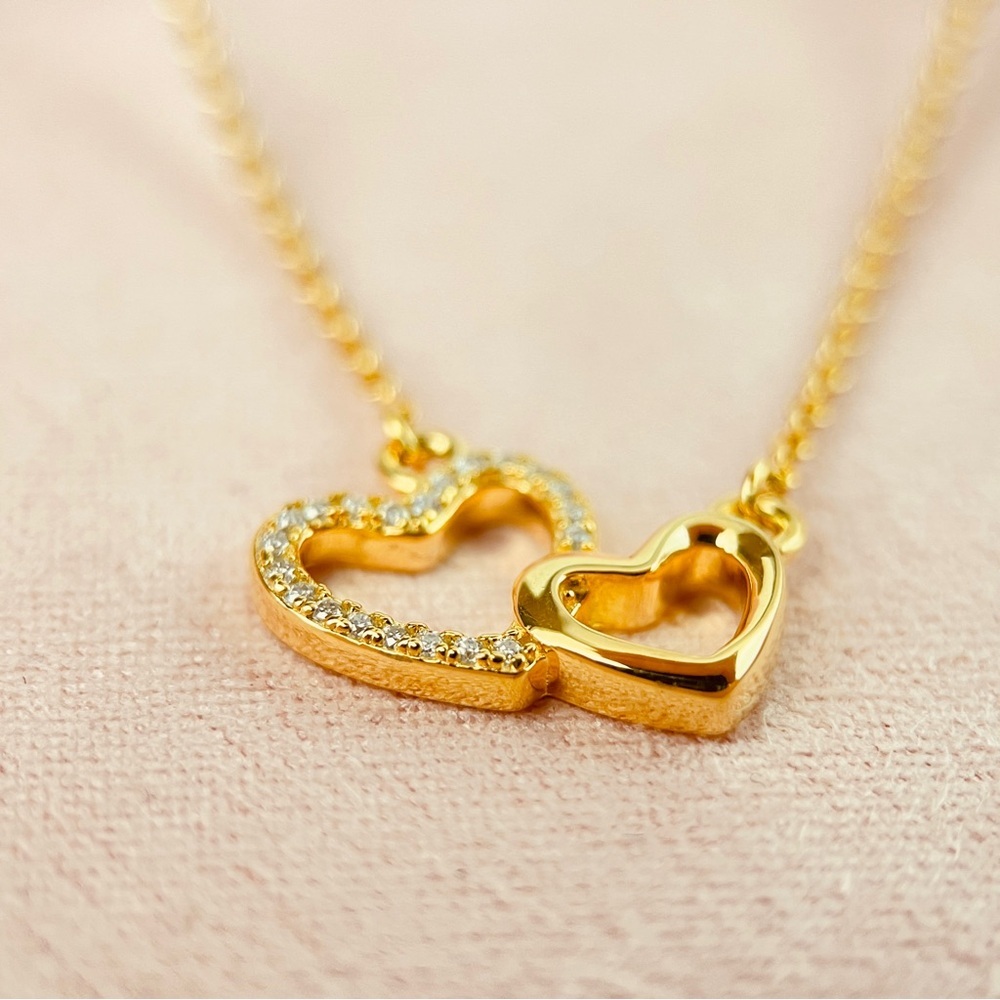 Linked Heart Pendant Necklace, Moissanite, S925 with 18k Yellow Gold Plating